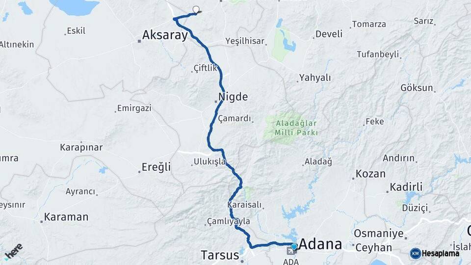 Adana Acıgöl Nevşehir Arası Kaç Km - Yol Haritası