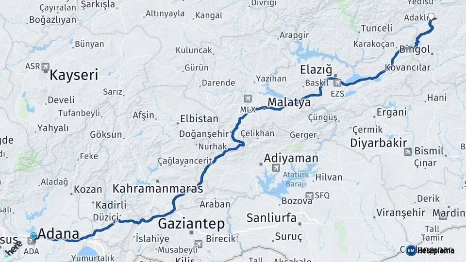 Adana Adaklı Bingöl Arası Kaç Km - Yol Haritası