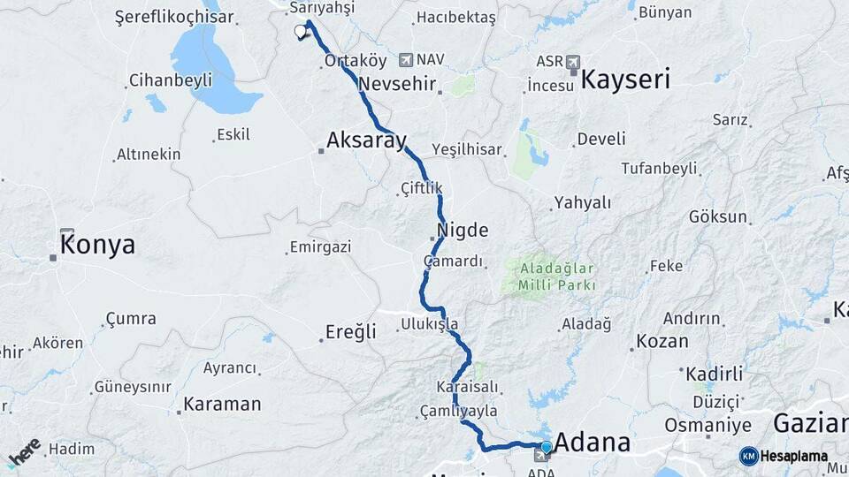 Adana Ağaçören Aksaray Arası Kaç Km - Yol Haritası
