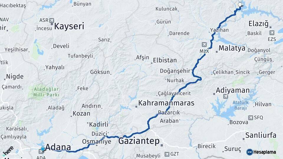 Adana Ağın Elazığ Arası Kaç Km - Yol Haritası