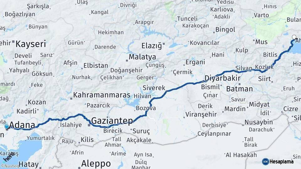 Adana Ahlat Bitlis Arası Kaç Km - Yol Haritası
