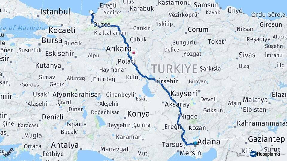 Adana Akçakoca Düzce Arası Kaç Km - Yol Haritası