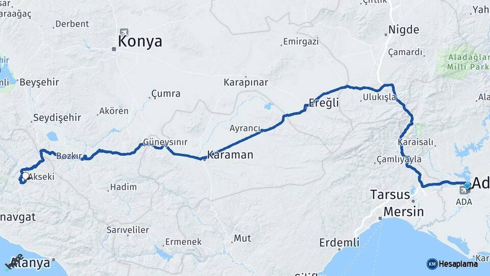 Adana Akseki Antalya Arası Kaç Km - Yol Haritası