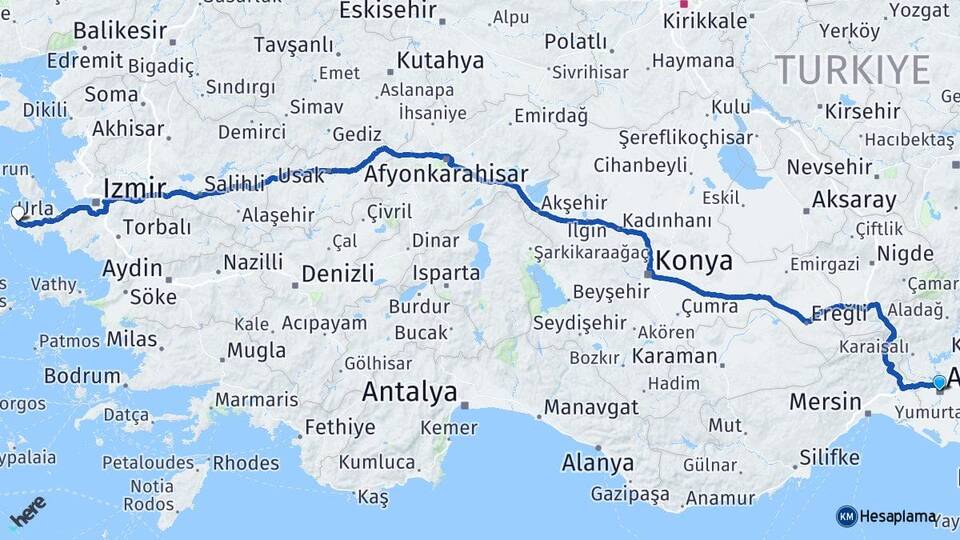 Adana Alaçatı Çeşme İzmir Arası Kaç Km - Yol Haritası