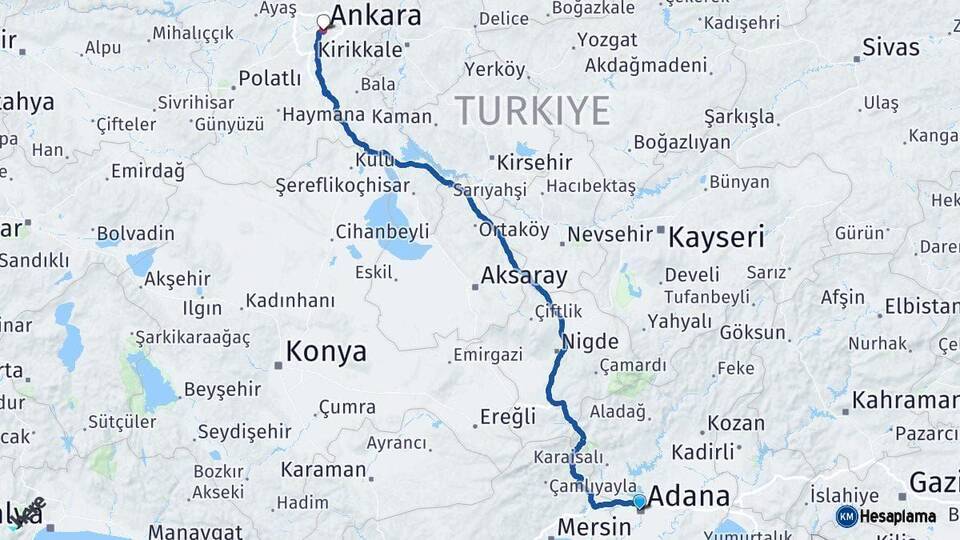 Adana Ankara Arası Kaç Km - Yol Haritası