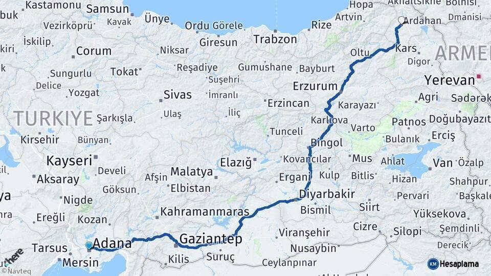 Adana Ardahan Arası Kaç Km - Yol Haritası