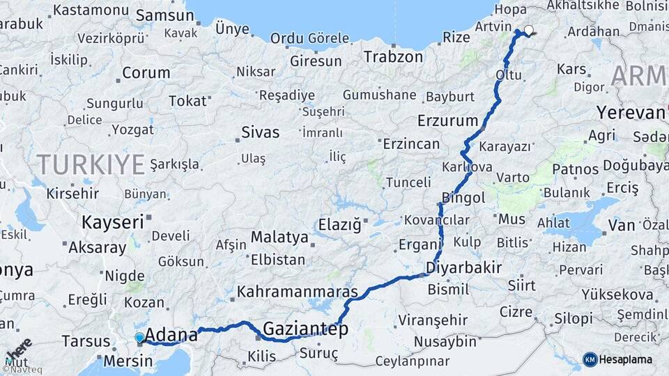 Adana Ardanuç Artvin Arası Kaç Km - Yol Haritası