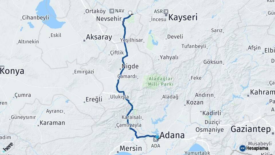 Adana Avanos Nevşehir Arası Kaç Km - Yol Haritası