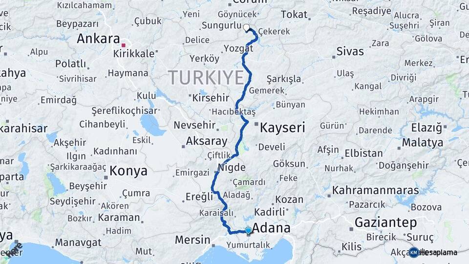 Adana Aydıncık Yozgat Arası Kaç Km - Yol Haritası