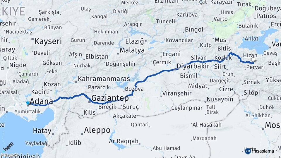 Adana Bahçesaray Van Arası Kaç Km - Yol Haritası