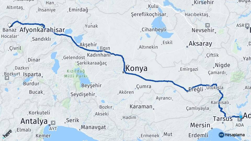 Adana Banaz Uşak Arası Kaç Km - Yol Haritası