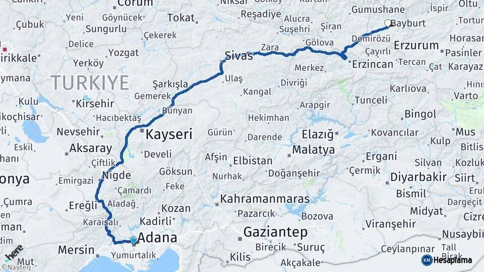 Adana Bayburt Arası Kaç Km - Yol Haritası