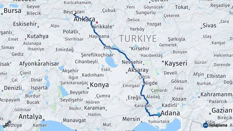 Adana Beypazarı Ankara Arası Kaç Km - Yol Haritası