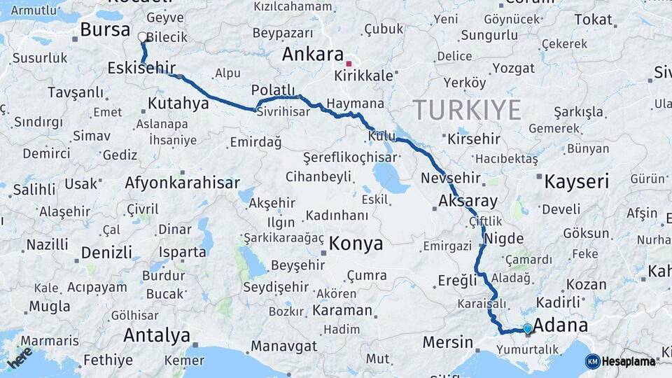 Adana Bilecik Arası Kaç Km - Yol Haritası