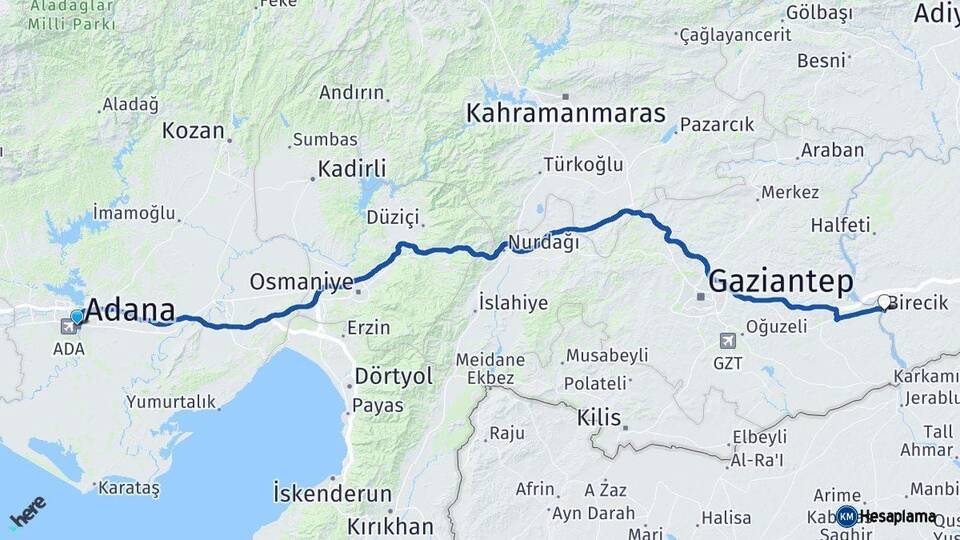 Adana Birecik Şanlıurfa Arası Kaç Km - Yol Haritası
