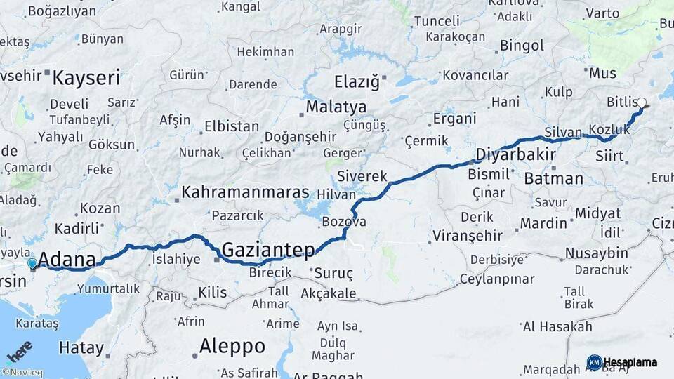 Adana Bitlis Arası Kaç Km - Yol Haritası