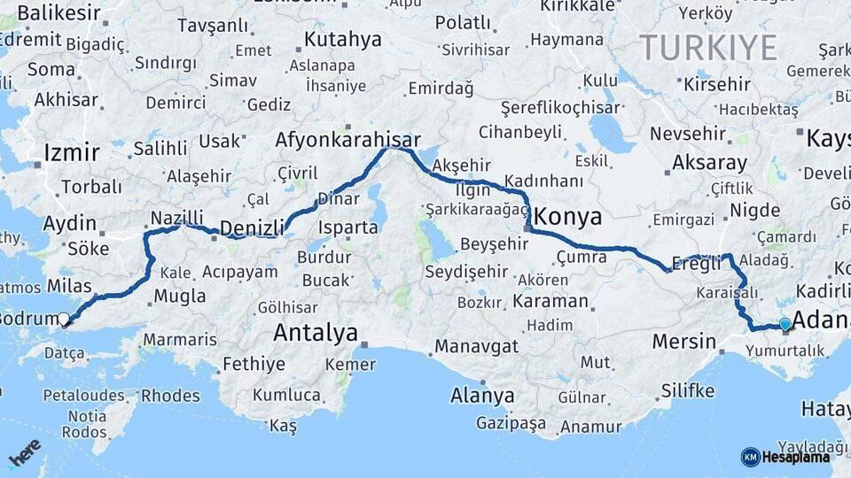 Adana Bodrum Muğla Arası Kaç Km - Yol Haritası