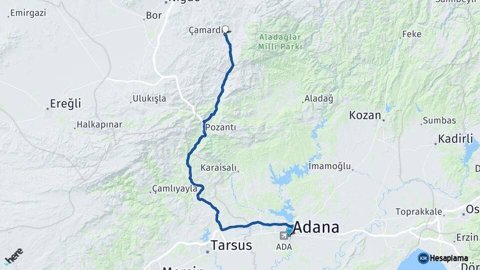 Adana Çamardı Niğde Arası Kaç Km - Yol Haritası