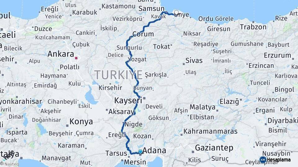 Adana Çarşamba Samsun Arası Kaç Km - Yol Haritası