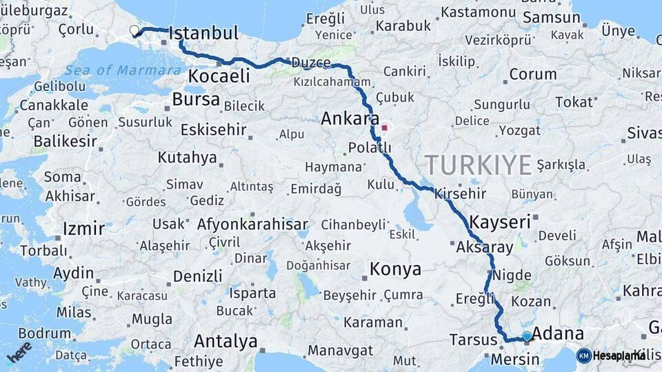 Adana Çatalca İstanbul Arası Kaç Km - Yol Haritası