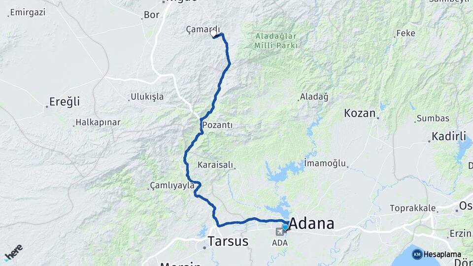 Adana Celaller Çamardı Niğde Arası Kaç Km - Yol Haritası