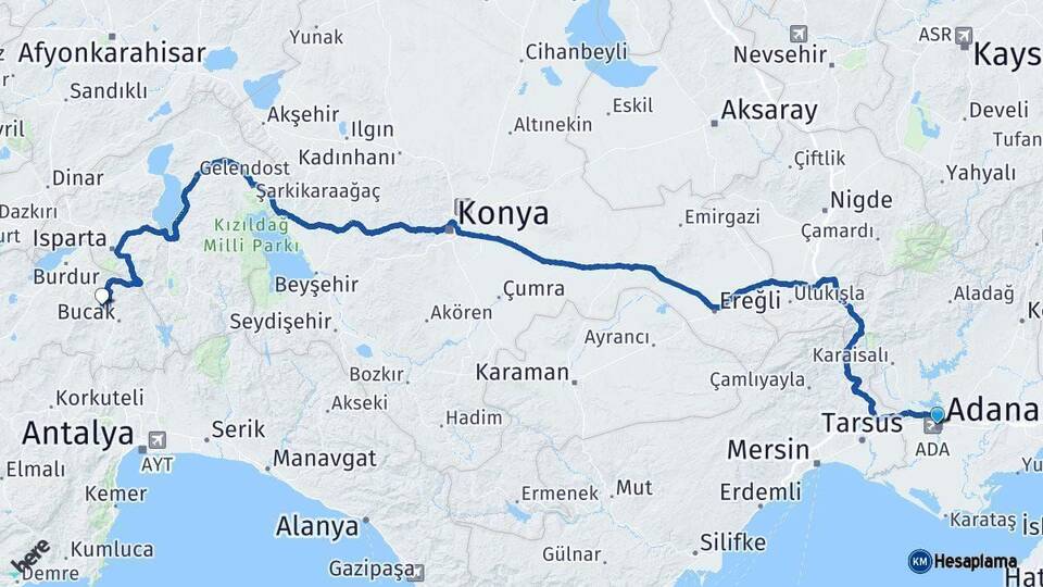 Adana Çeltikçi Burdur Arası Kaç Km - Yol Haritası