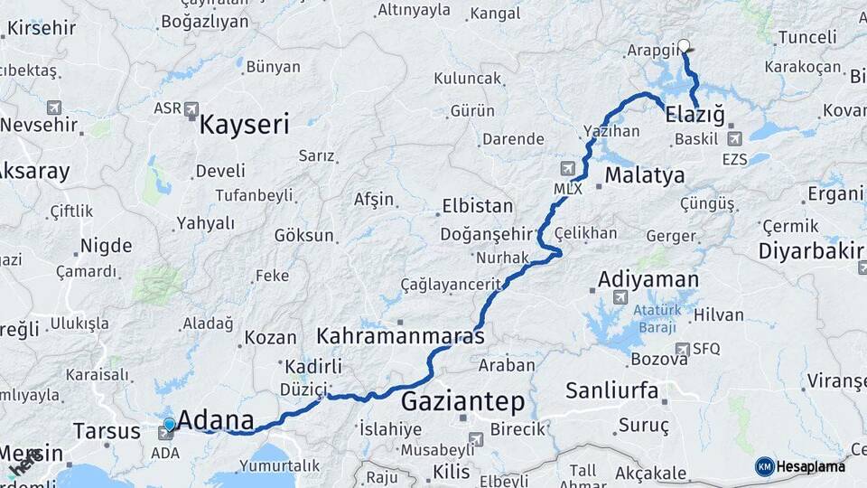 Adana Çemişgezek Tunceli Arası Kaç Km - Yol Haritası