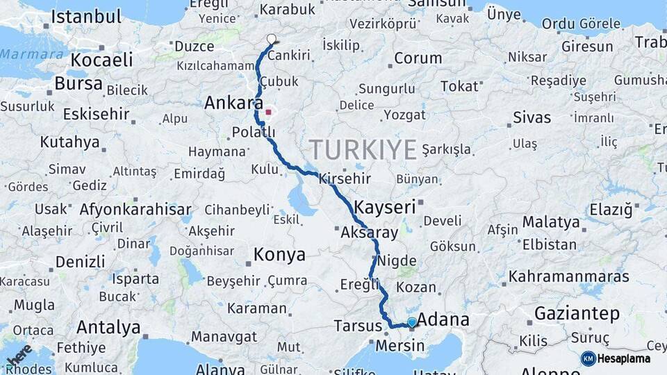 Adana Çerkeş Çankırı Arası Kaç Km - Yol Haritası
