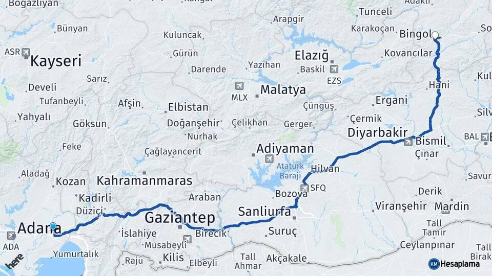 Adana Ceyhan Bingöl Arası Kaç Km - Yol Haritası