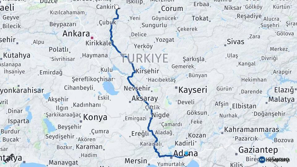 Adana Ceyhan Çankırı Arası Kaç Km - Yol Haritası