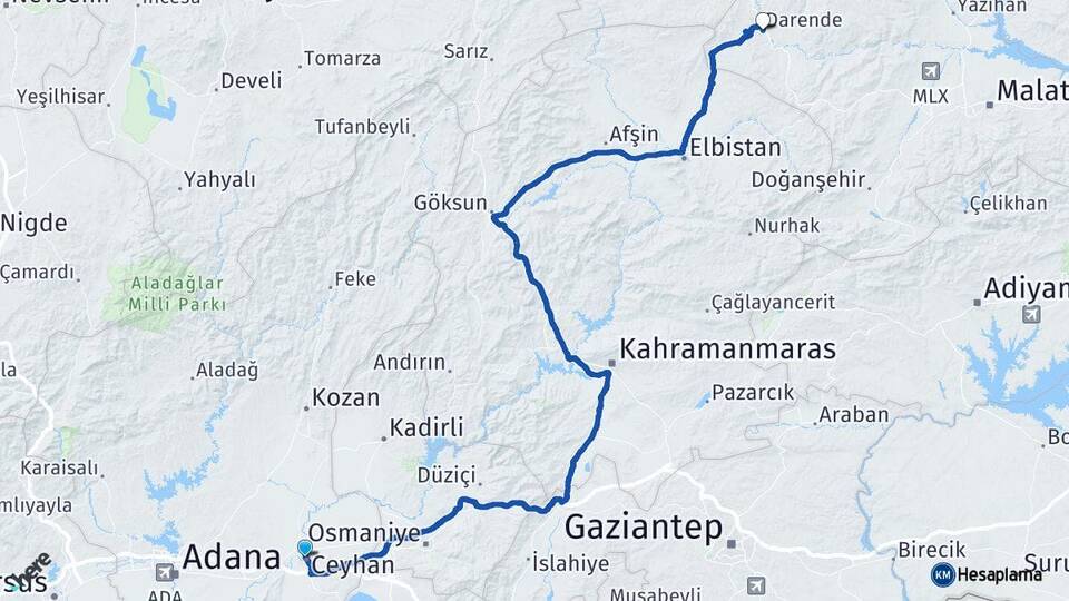 Adana Ceyhan Darende Malatya Arası Kaç Km - Yol Haritası
