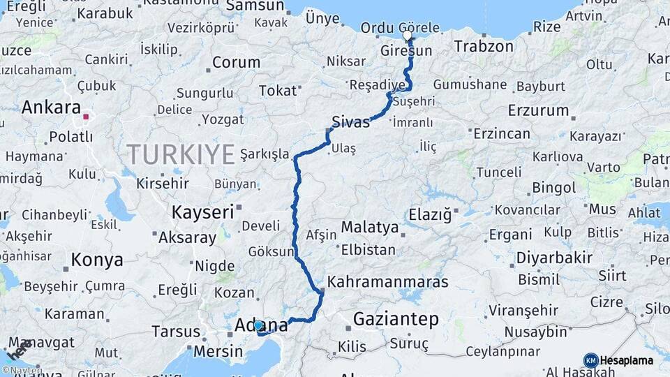 Adana Ceyhan Giresun Arası Kaç Km - Yol Haritası