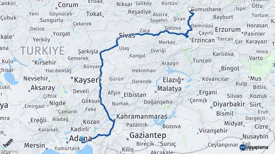 Adana Ceyhan Gümüşhane Arası Kaç Km - Yol Haritası