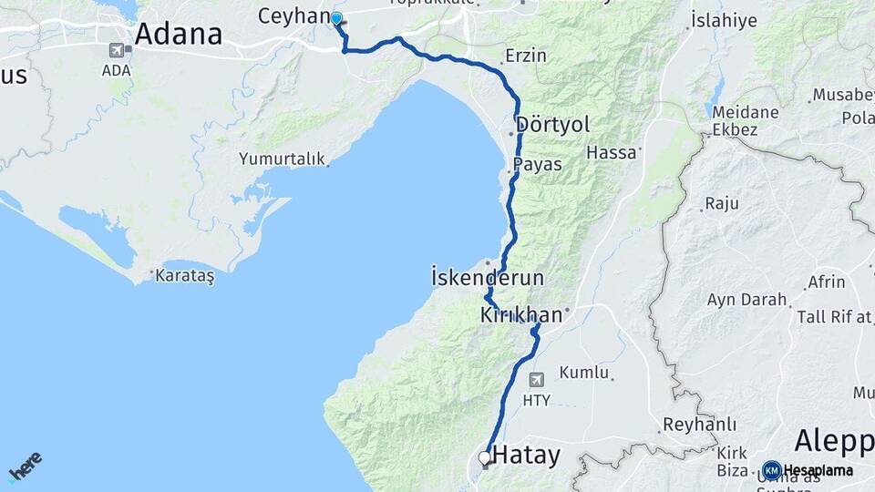 Adana Ceyhan Hatay Arası Kaç Km - Yol Haritası