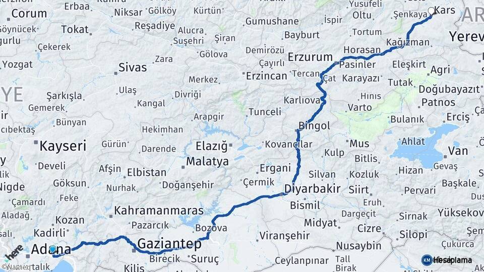 Adana Ceyhan Kars Arası Kaç Km - Yol Haritası