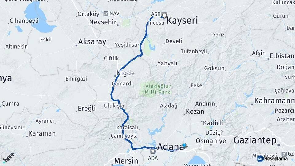 Adana Ceyhan Kayseri Arası Kaç Km - Yol Haritası