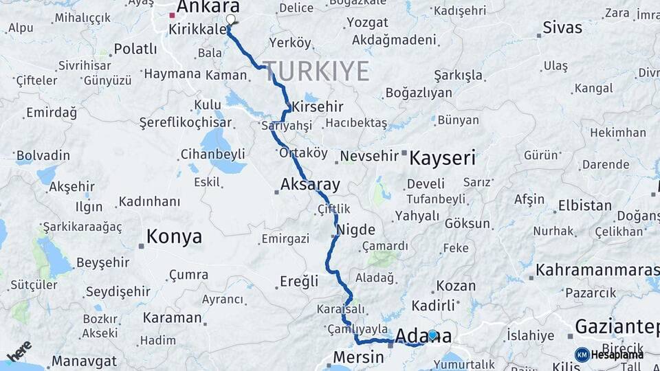 Adana Ceyhan Kırıkkale Arası Kaç Km - Yol Haritası