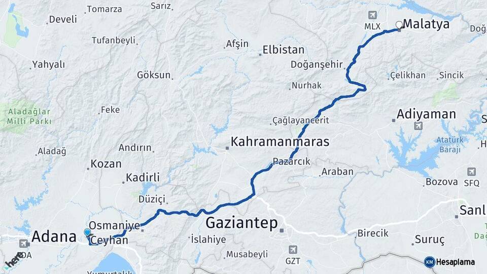 Adana Ceyhan Malatya Arası Kaç Km - Yol Haritası