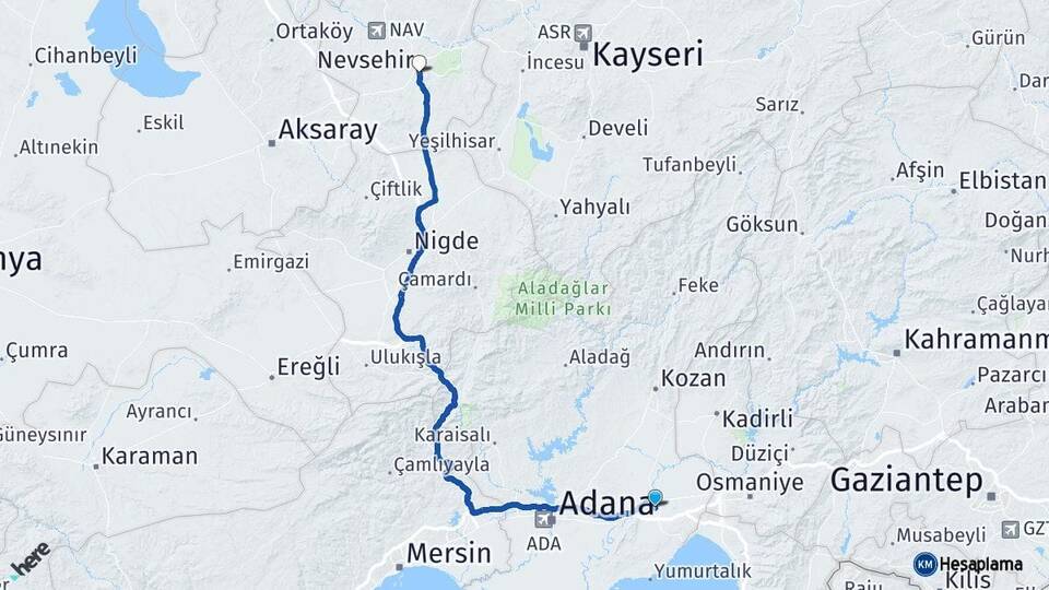Adana Ceyhan Nevşehir Arası Kaç Km - Yol Haritası