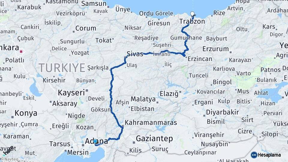 Adana Ceyhan Trabzon Arası Kaç Km - Yol Haritası