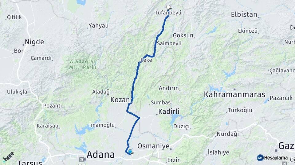 Adana Ceyhan Tufanbeyli Arası Kaç Km - Yol Haritası