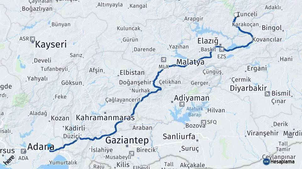 Adana Ceyhan Tunceli Arası Kaç Km - Yol Haritası