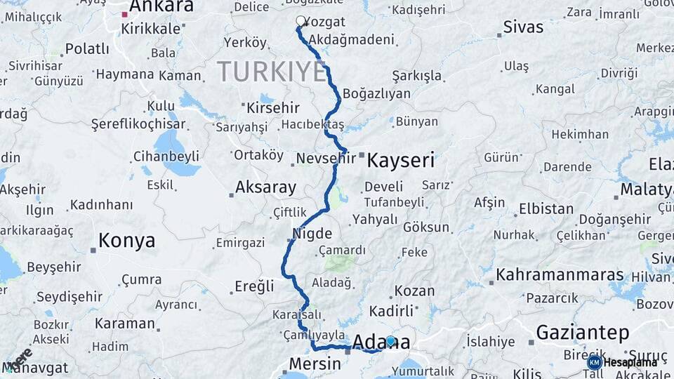 Adana Ceyhan Yozgat Arası Kaç Km - Yol Haritası