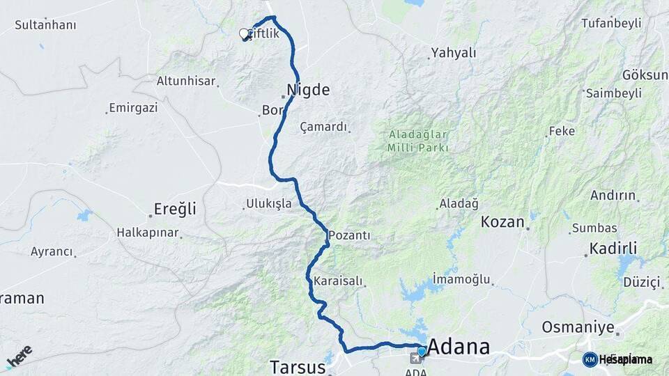 Adana Çiftlik Niğde Arası Kaç Km - Yol Haritası