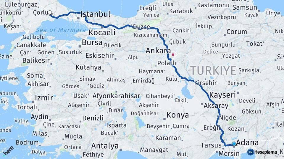 Adana Çorlu Tekirdağ Arası Kaç Km - Yol Haritası