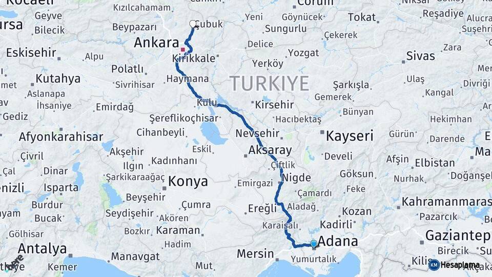 Adana Çubuk Ankara Arası Kaç Km - Yol Haritası