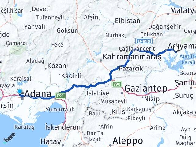 Adana Çukurova Adıyaman Havalimanı Arası Kaç Km - Yol Haritası
