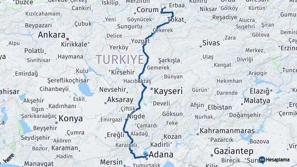 Çukurova Amasya Arası Kaç Km - Yol Tarifi