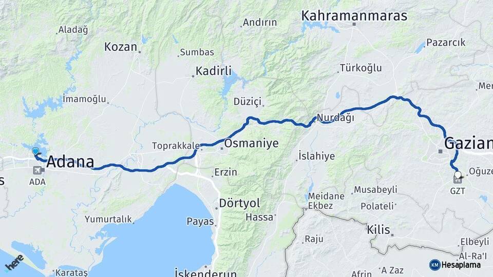 Adana Çukurova Gaziantep Havalimanı Arası Kaç Km - Yol Haritası
