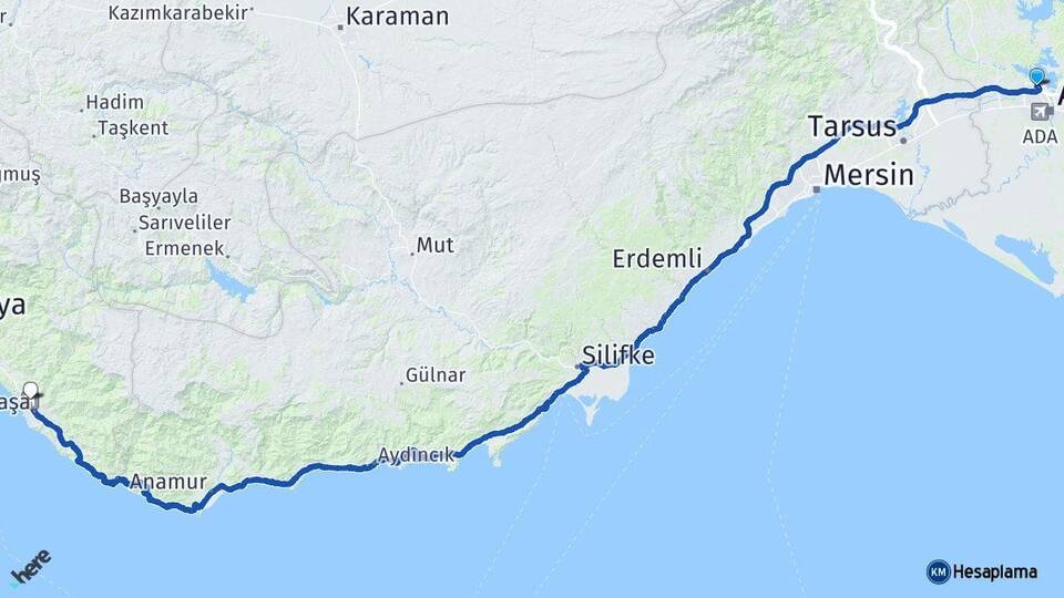 Adana Çukurova Gazipaşa Alanya Havalimanı Arası Kaç Km - Yol Haritası